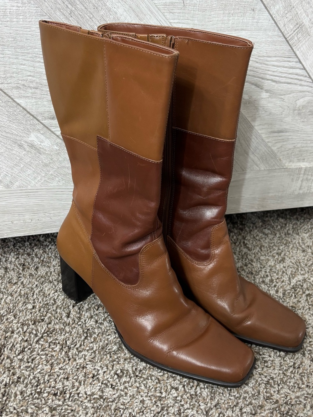 Vintage 90s Y2K Artiva Leather Patchwork Heeled Boots Square Toe Booties Woman 8